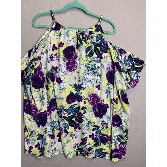 Torrid Georgette Chain-Link Cold Shoulder Boho Blouse Size 4 Purple Green Floral - Picture 2 of 7